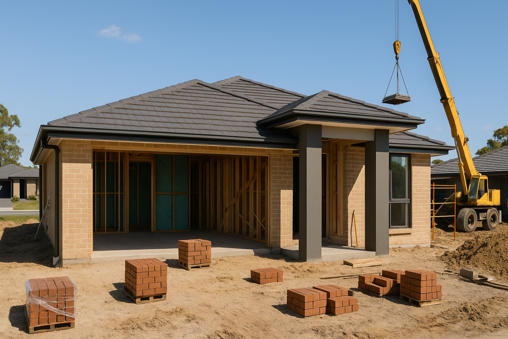 Modern suburban home under construction in Logan City with Fixed Price New Home Builder Turnkey Package details visible