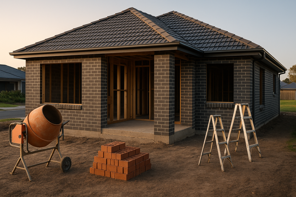 Partially constructed modern brick home in Moreton Bay with tools, highlighting fixed price turnkey packages