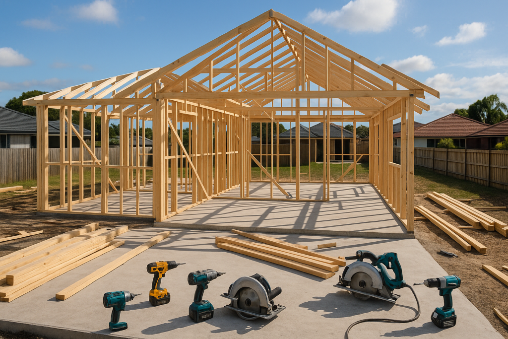 Construction site of a turnkey home in Redlands showing framework assembly with tools.