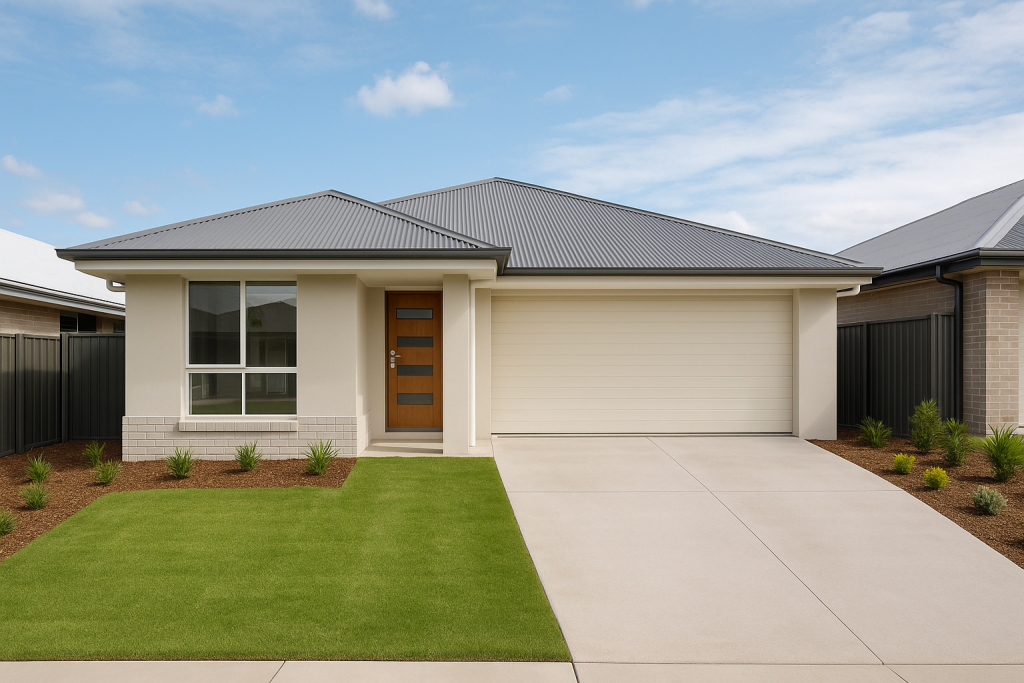 Completed fixed price turnkey new home in Ripley Valley, Queensland, with landscaped yard and sealed driveway