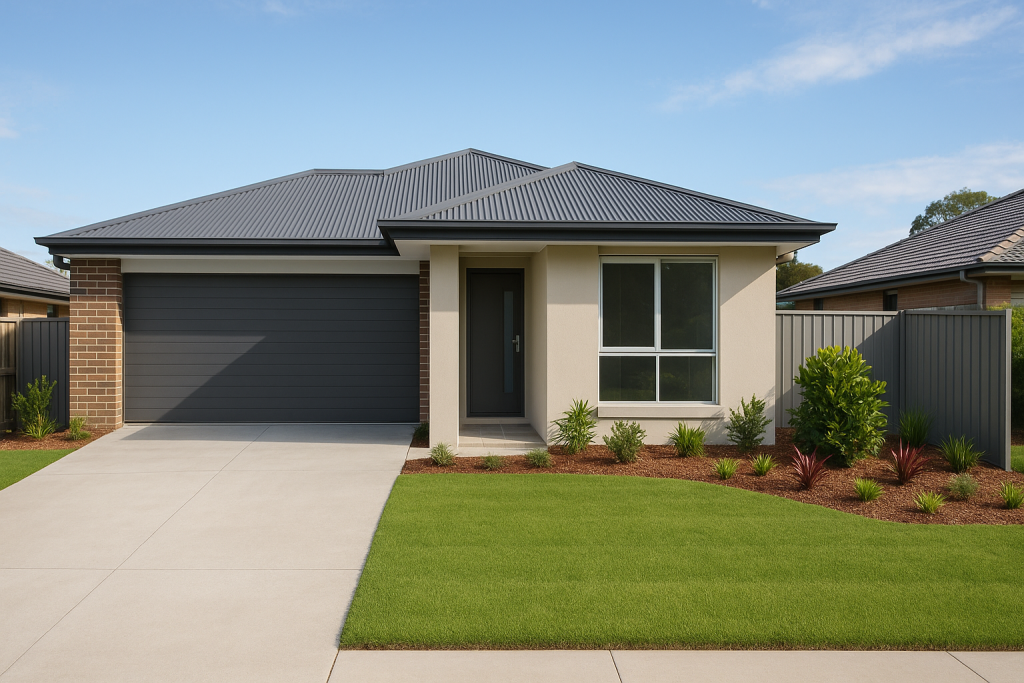 Completed fixed price turnkey new home package in Robina, Greater Brisbane, with landscaped front yard and clean driveway