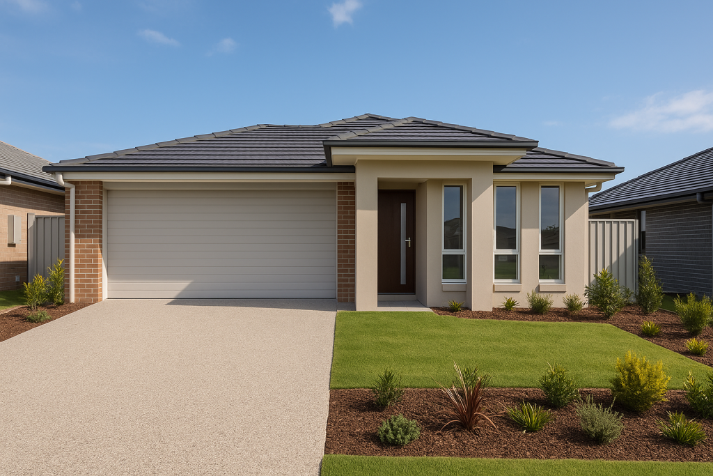 Completed Fixed Price Builder turnkey home package in South Ripley with landscaped front yard and concrete driveway