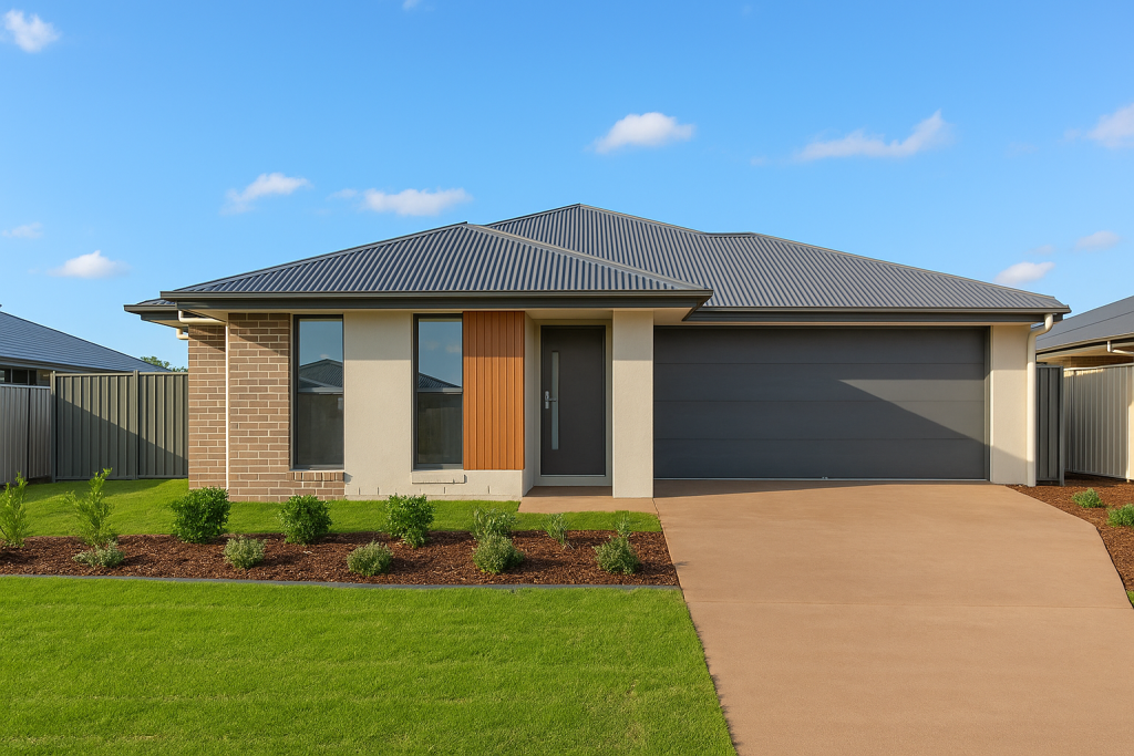 Fixed Price Builder turnkey home package completed in Yarrabilba with landscaped yard and coloured concrete driveway